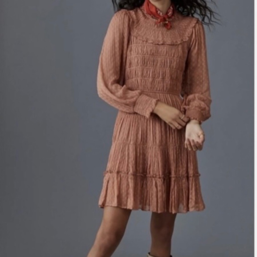 Anthropologie Dalia ruffle smocked long sleeve mini dress